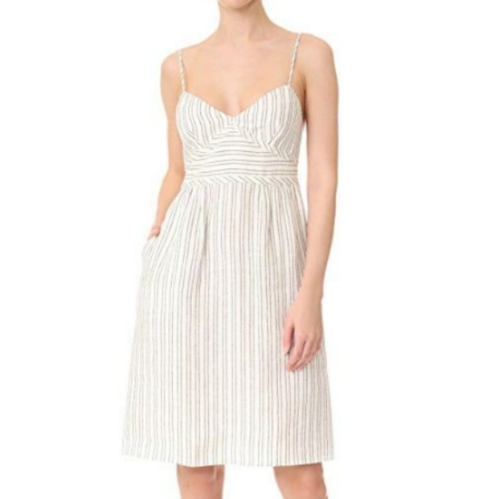 Theory Malaena Narrow Vertical Pin Stripe Linen 10 Mini Pocket Dress $325 *